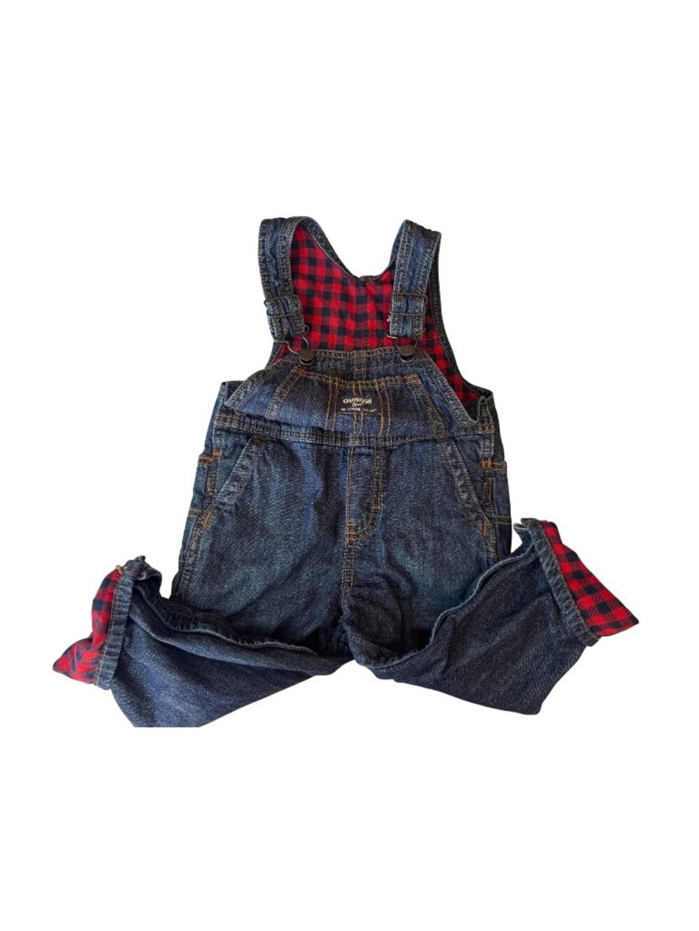 OshKosh Bgosh Denim Overalls Toddlers Red Buffalo Plaid Lined Kid Size 24 Months